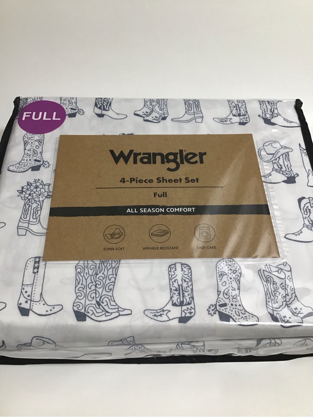 Wrangler FULL SHEET SET 4-pc Cowboy Hats Boots Western Ranch Line Dance Blue NEW